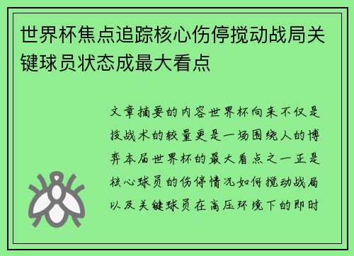 世界杯焦点追踪核心伤停搅动战局关键球员状态成最大看点