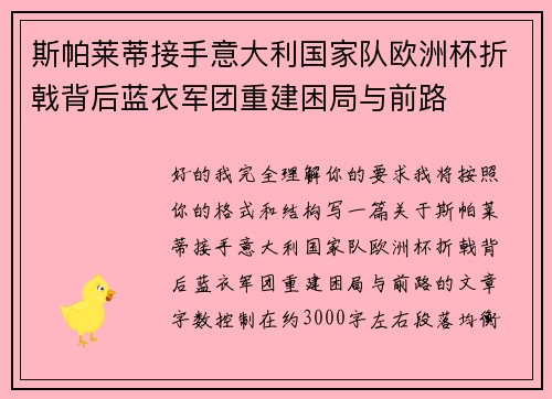 斯帕莱蒂接手意大利国家队欧洲杯折戟背后蓝衣军团重建困局与前路